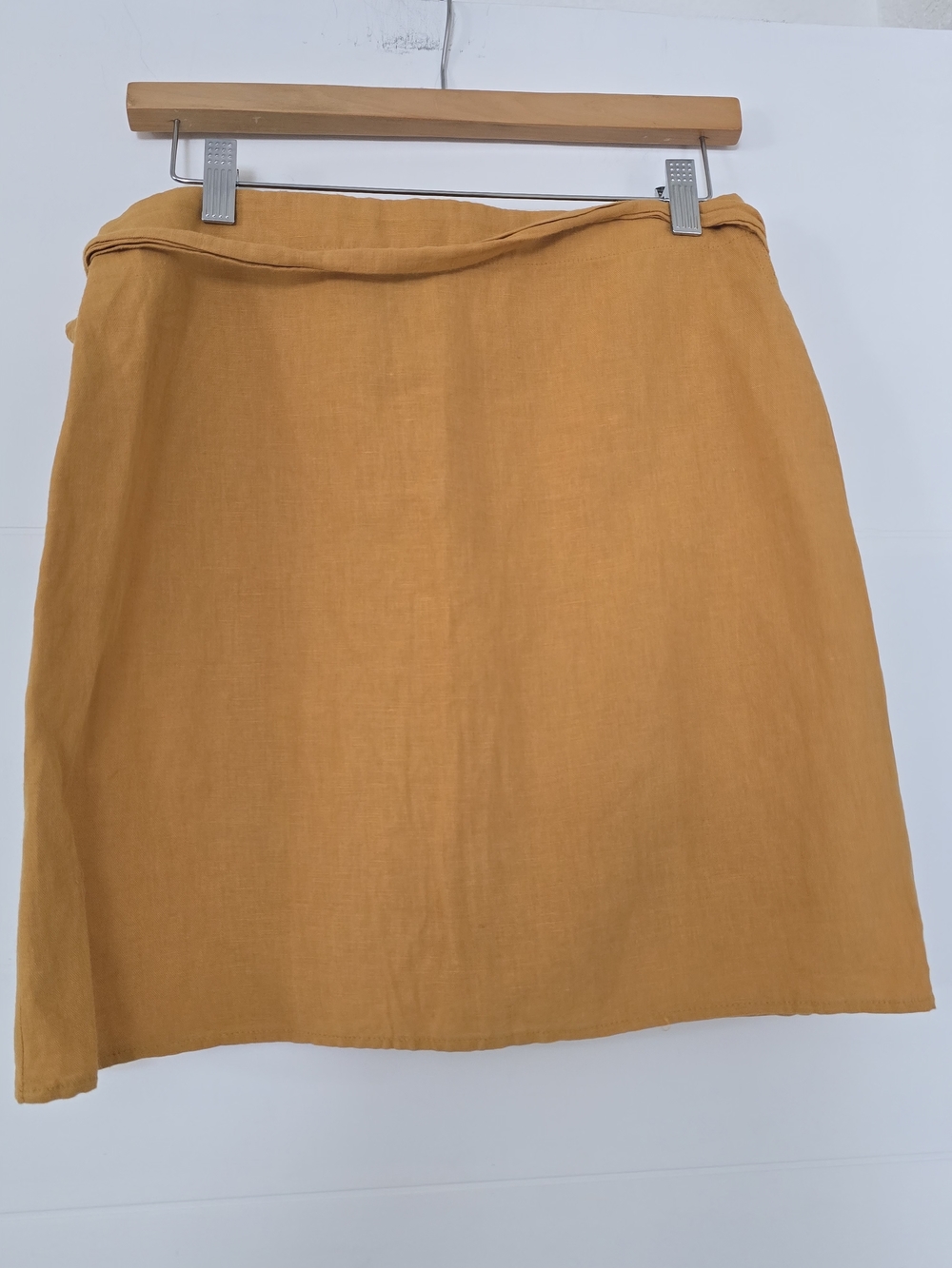Zara Mustard Yellow 100% Linen Wrap Mini Skirt Side Tie Size Medium - Picture 4 of 6
